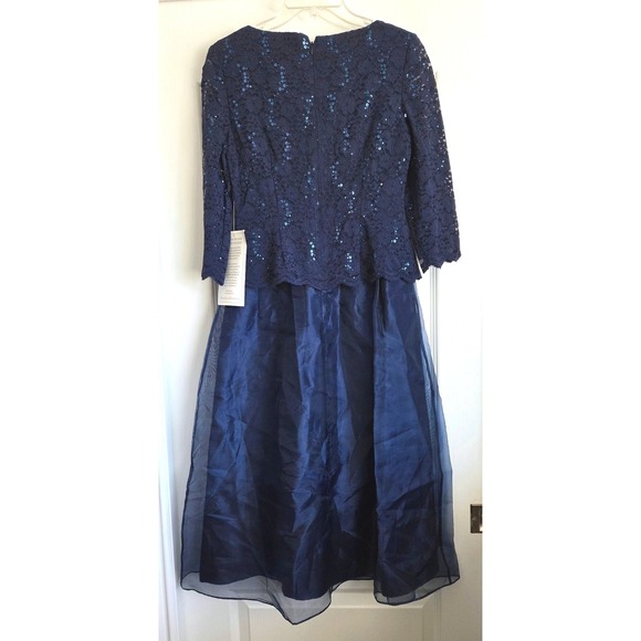 Alex Evenings Navy Blue Sequin Lace Organza Tea Length Midi Dress Sz 6 NWT  Event